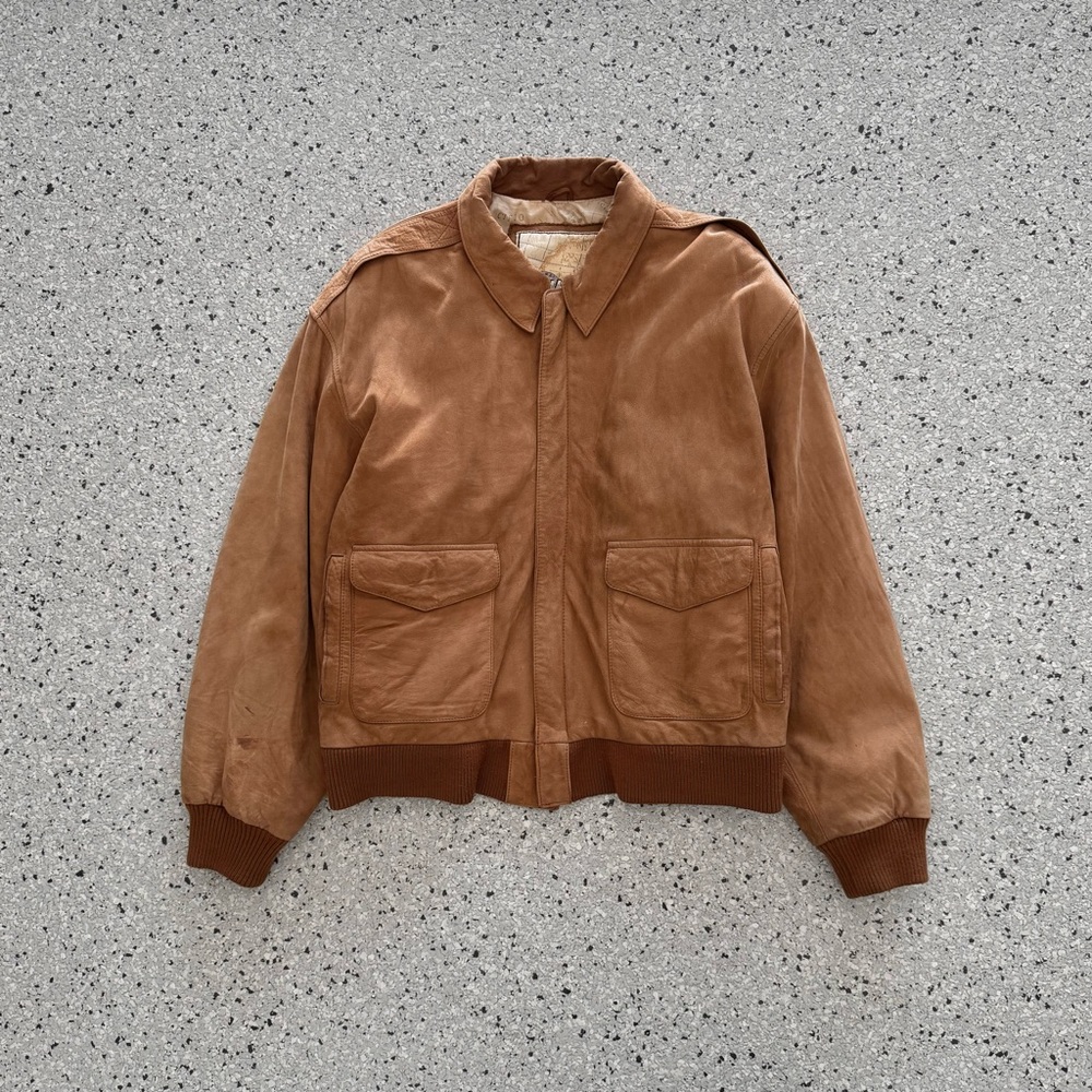 Vintage G-III Leather Bomber Jacket Global Identity Full Zip Tan Map Size Large